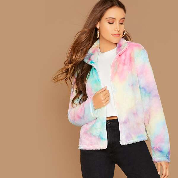 

Tie Dye Zip Up Faux Fur Coat, Multicolor pastel