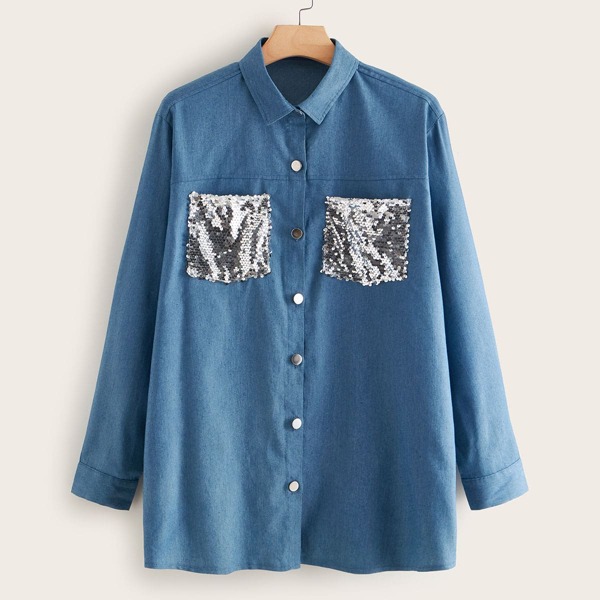 

Plus Sequins Pocket Denim Blouse, Blue