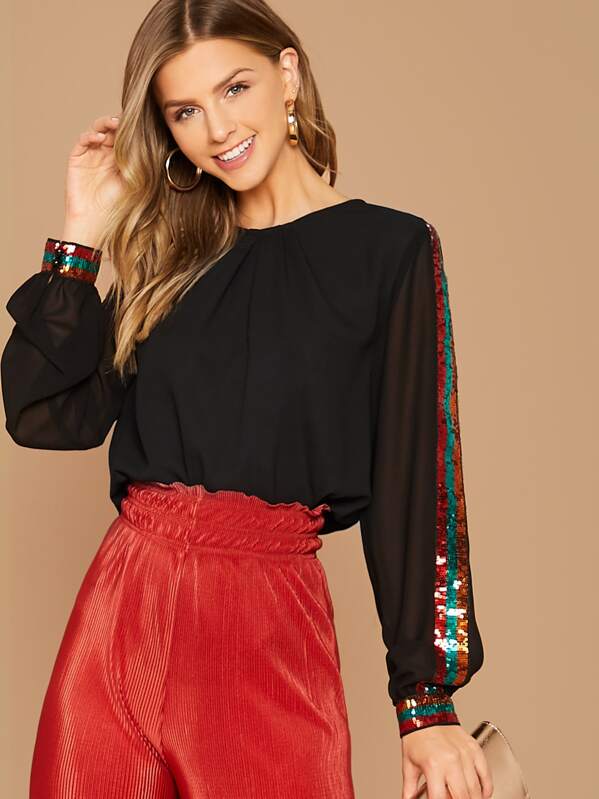 

Contrast Sequin Tape Sheer Sleeve Top, Black, Marina Laswick