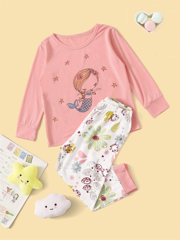 

Toddler Girls Cartoon Mermaid Print PJ Set, Multicolor