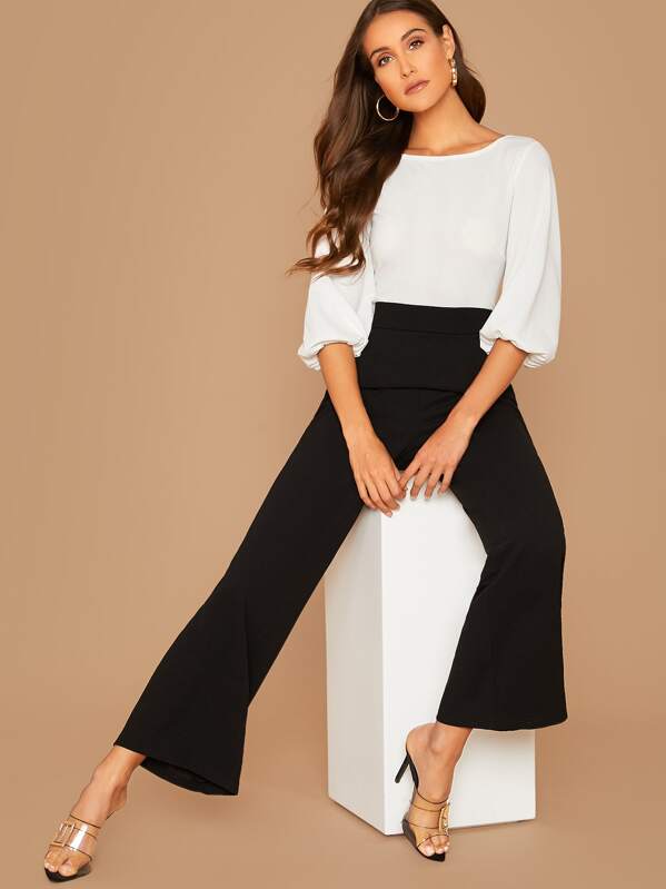 

V-back Lantern Sleeve Combo Palazzo Jumpsuit, Black and white, Anna Herrin
