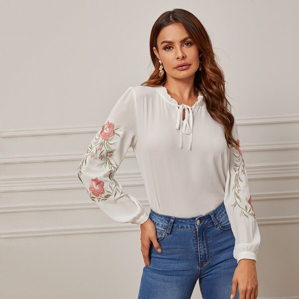 

Frilled Neck Tie Front Floral Embroidered Top, White