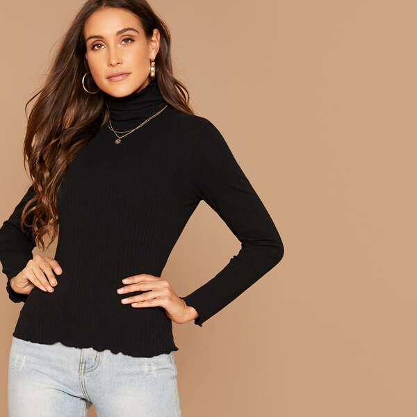 

High Neck Lettuce Trim Rib-knit Top, Black