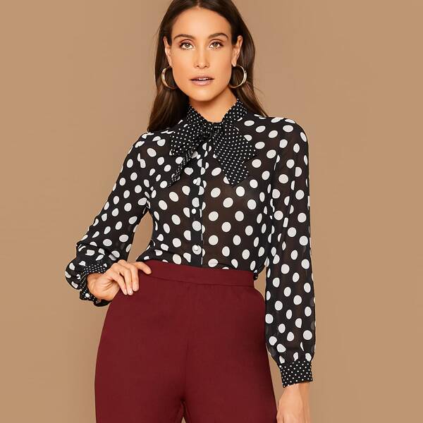 

Tie Neck Lantern Sleeve Polka Dot Sheer Blouse, Black