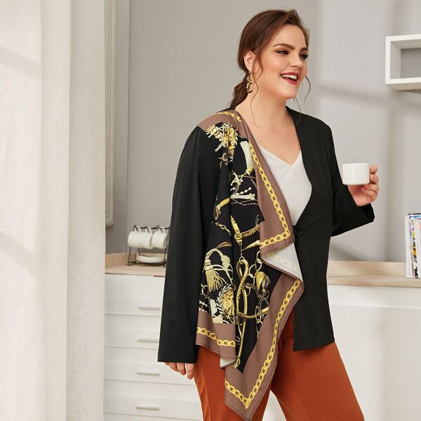 

Plus Scarf Print Single Button Blazer, Black