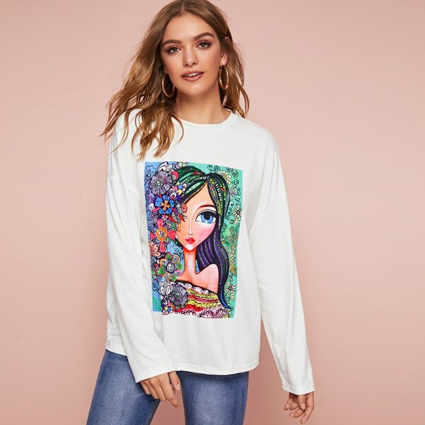

Botanical and Girl Print Drop Shoulder Tee, White