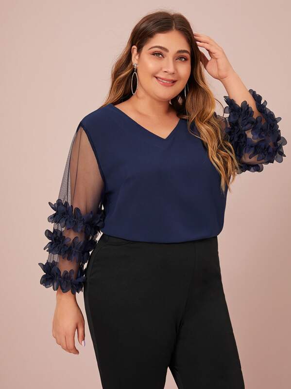 

Plus Mesh Panel Appliques Detail Blouse, Navy, Carol
