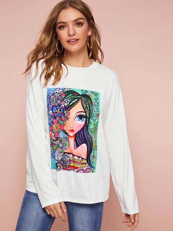 

Botanical and Girl Print Drop Shoulder Tee, White, Luiza