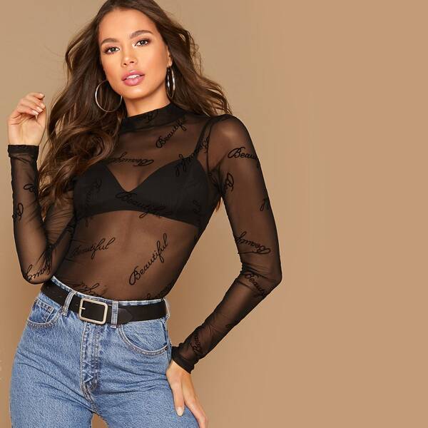

Flocked Letter Mesh Sheer Top Without Bra, Black