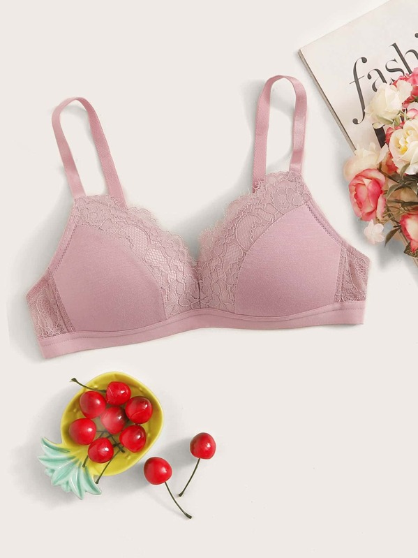 

Contrast Lace Adjustable Strap Bra, Pink