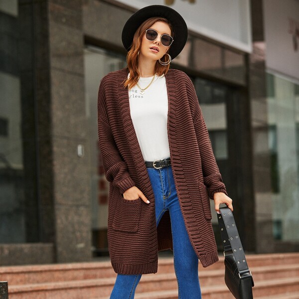 

Open Front Patch Pocket Cardigan, Brown