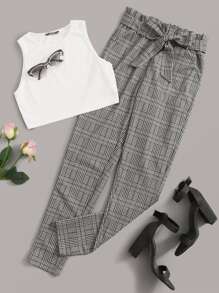 SHEIN Essnce Crop Tank Top & Paperbag Waist Plaid Pants Set