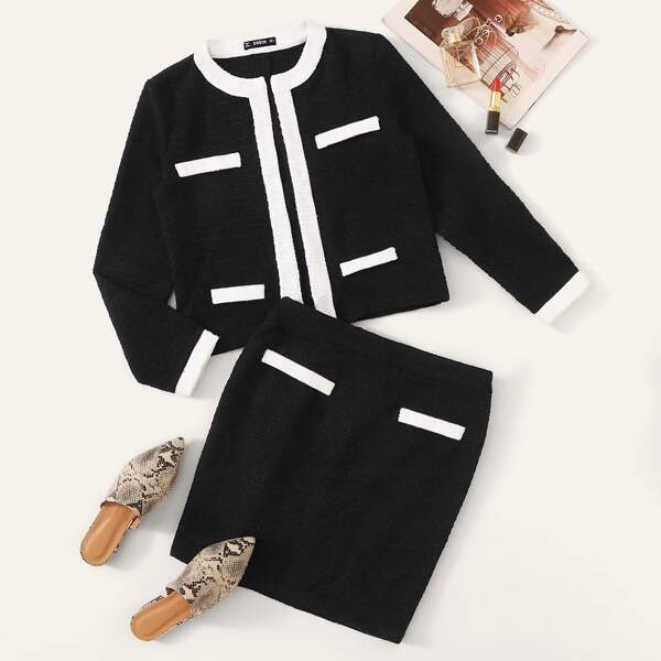 

Contrast Trim Tweed Jacket & Bodycon Skirt Set, Black