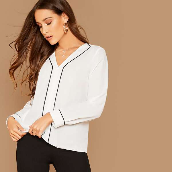 

V Neck Contrast Piping Top, White