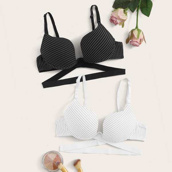 

2pack Striped Underwire Bra Set, Black and white