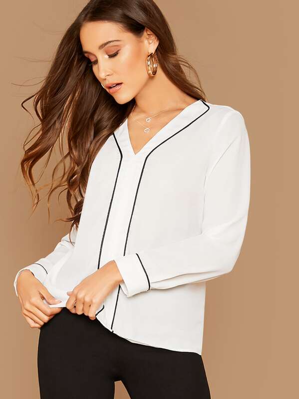 

V Neck Contrast Piping Top, White, Anna Herrin