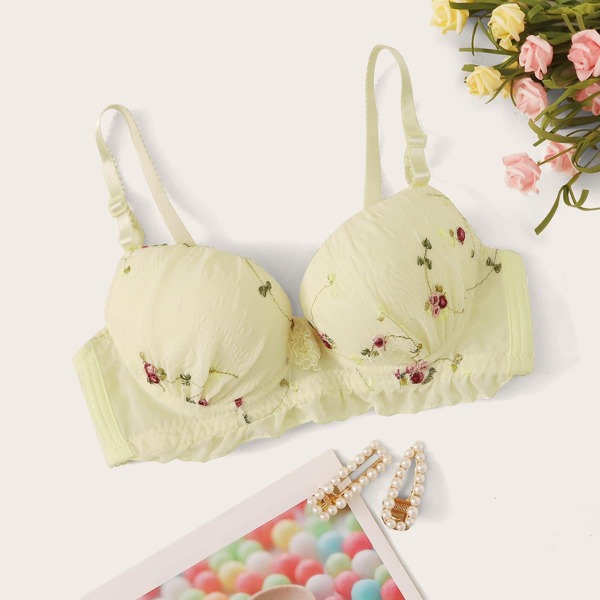 

Flower Embroidery Underwire Bra, Yellow pastel