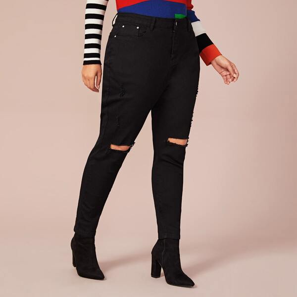 

Plus Ripped Solid Skinny Jeans, Black