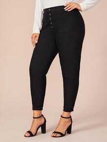 Plus Button Front Solid Skinny Jeans - Black - View 5