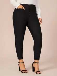 Plus Button Front Solid Skinny Jeans - Black - View 1