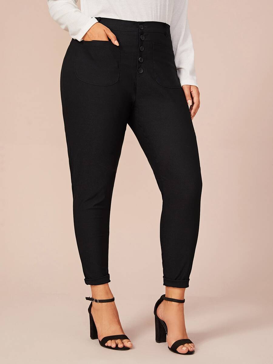 Plus Button Front Solid Skinny Jeans - Black - View 1