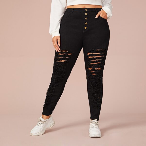 

Plus Ripped Button Front Skinny Jeans, Black