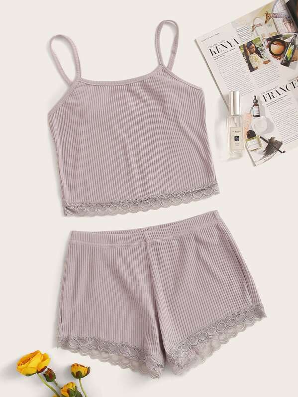 

Rib Lace Trim Cami PJ Set, Purple