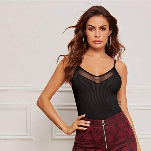 

Mesh Insert Rib-knit Slip Bodysuit, Black