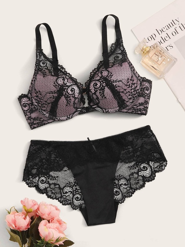 

Floral Lace Underwire Lingerie Set, Black