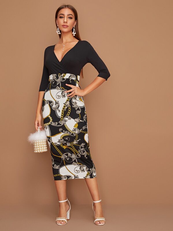 

Surplice Neck Chain Print Combo Dress, Black and white, Hanna