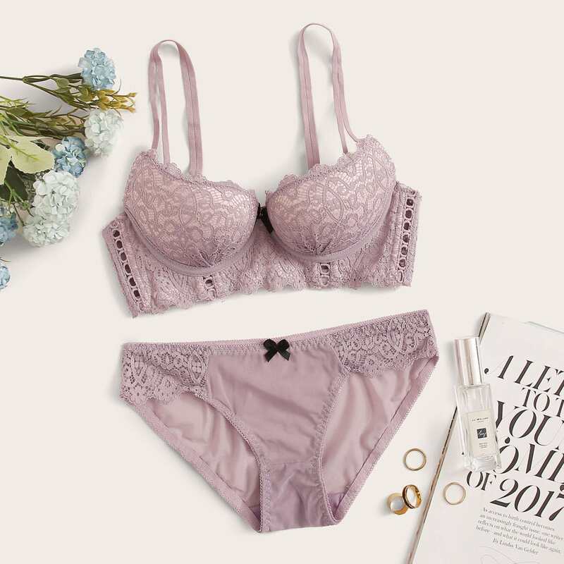 

Guipure Lace Underwire Lingerie Set, Purple