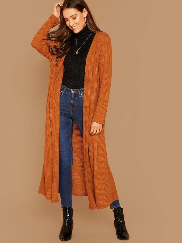 

Open Front Waffle Knit Longline Coat, Orange, Anna Herrin