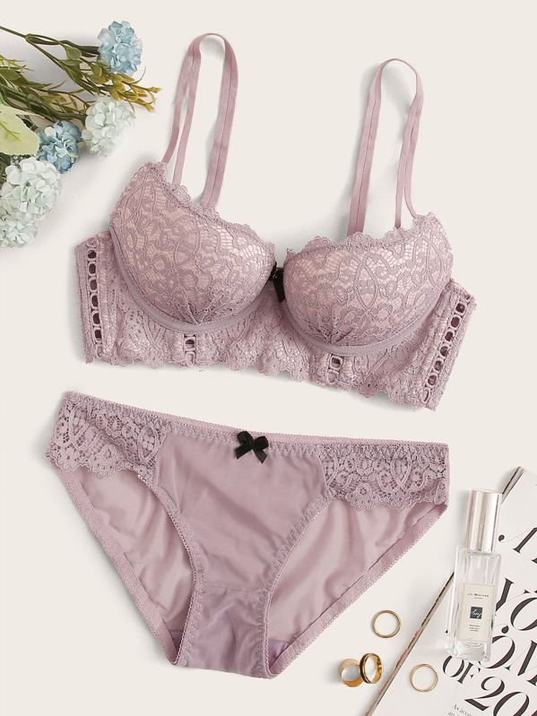 

Guipure Lace Underwire Lingerie Set, Purple
