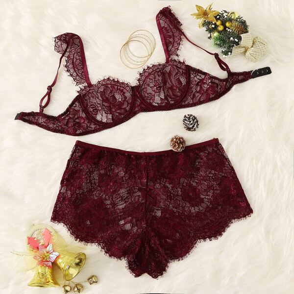 

Floral Lace Underwire Lingerie Set, Burgundy