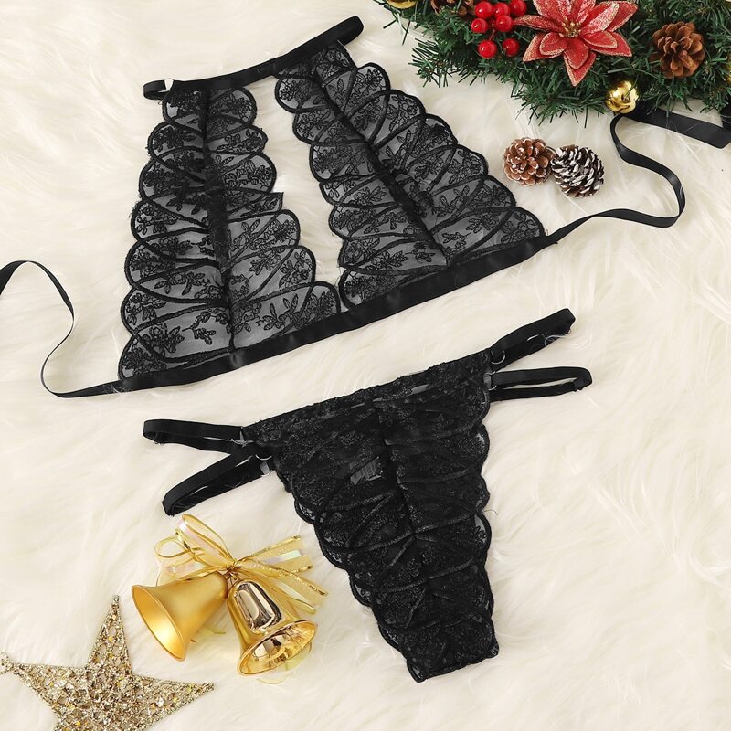 

Embroidery Mesh Halter Lingerie Set, Black