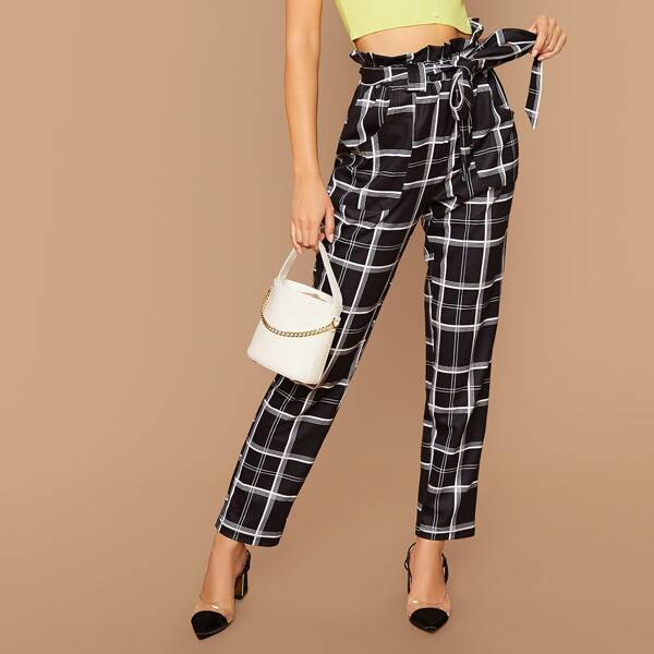 

Paperbag Waist Belted Plaid Pants, Black