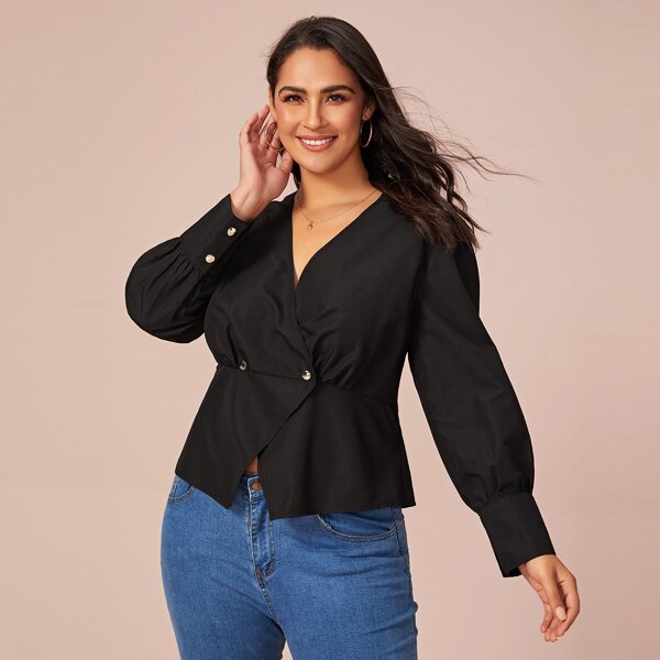 

Plus Double Breasted Lantern Sleeve Peplum Blouse, Black