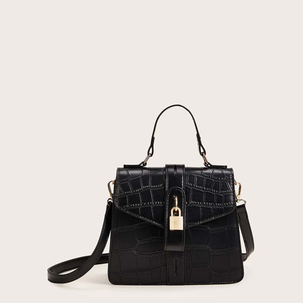 

Metal Lock Decor Croc Embossed Satchel Bag, Black