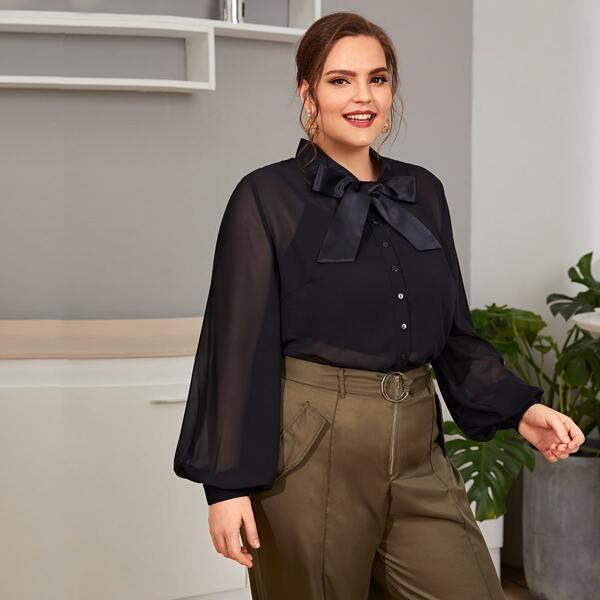 

Plus Tie Neck Bishop Sleeve Sheer Blouse Without Camisole, Black