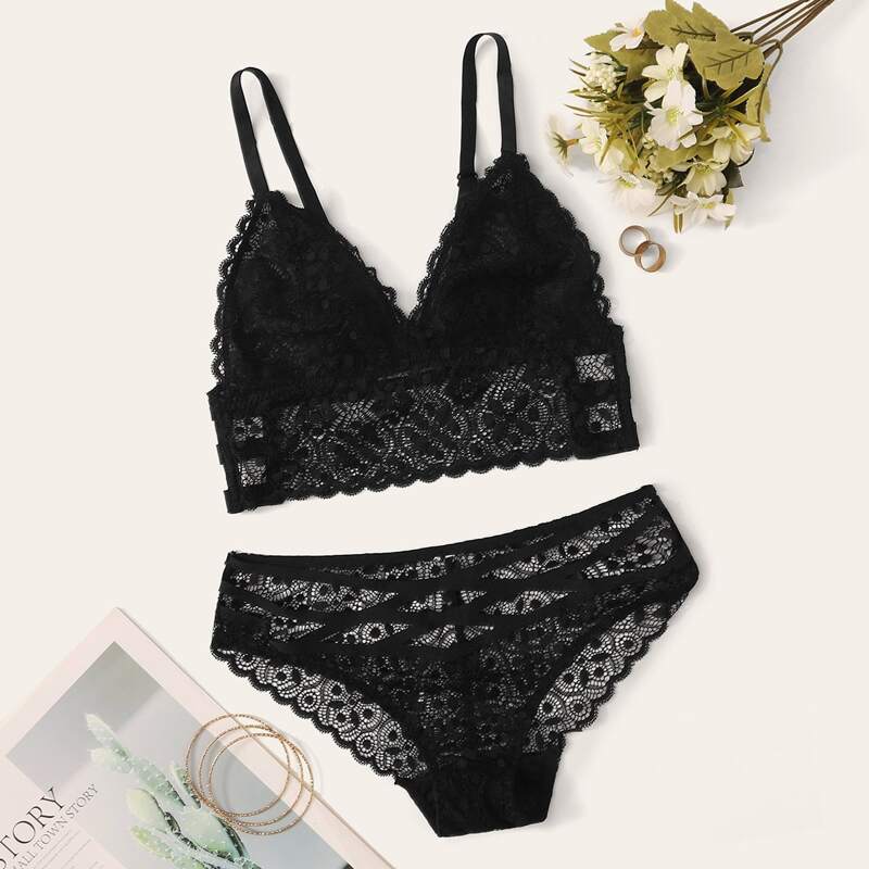 

Floral Lace Lingerie Set, Black