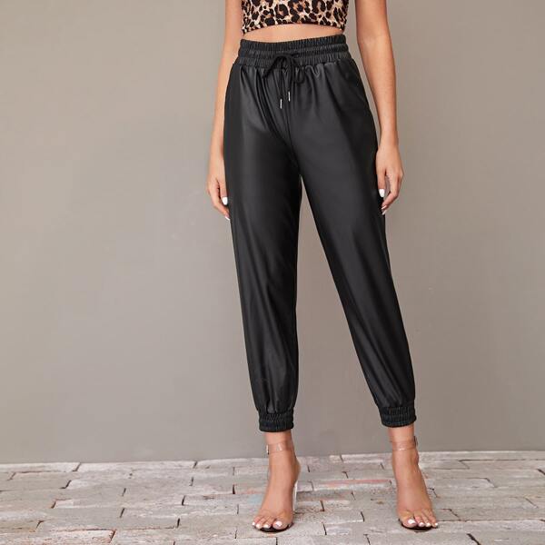 

Drawstring Waist PU Pants, Black