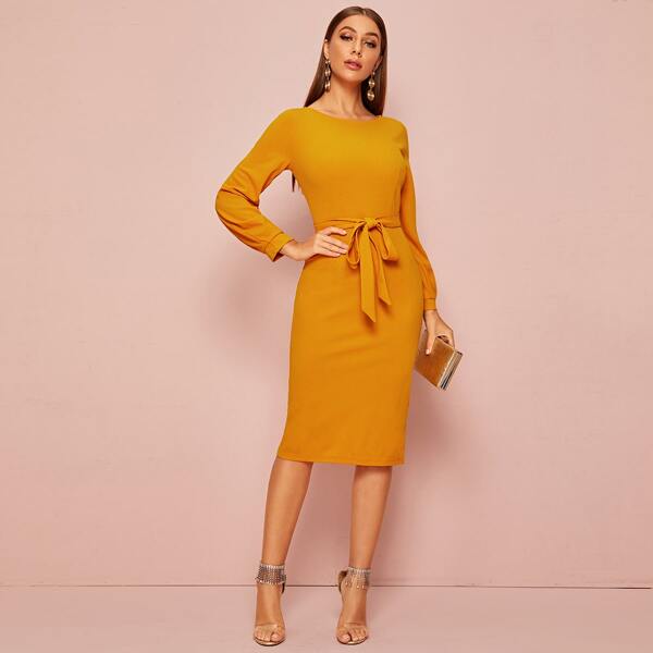 

Zip Back Slit Hem Belted Pencil Dress, Yellow bright