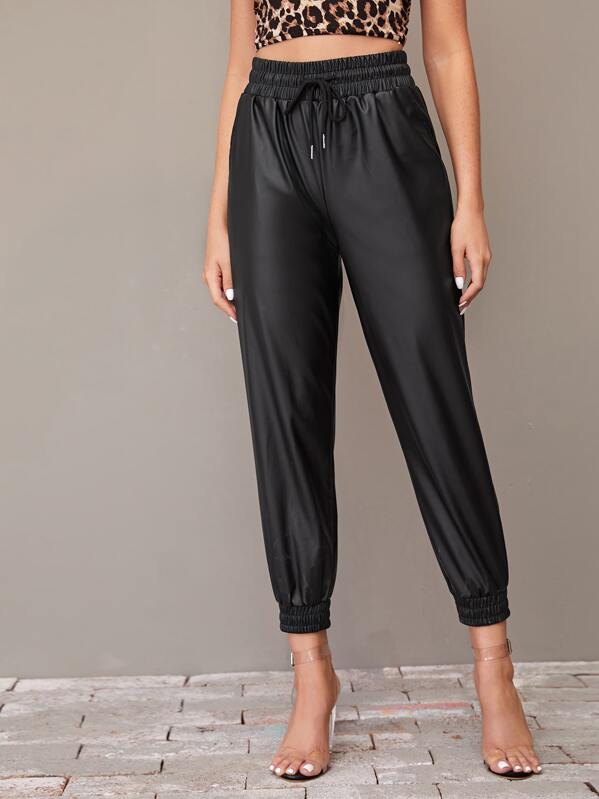 

Drawstring Waist PU Pants, Black, Nathane