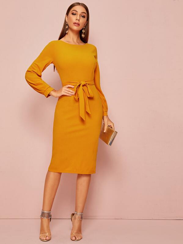 

Zip Back Slit Hem Belted Pencil Dress, Yellow, Hanna
