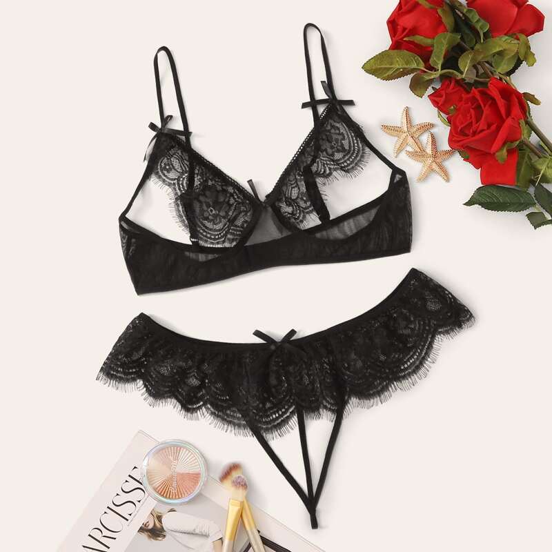 

Floral Lace Lingerie Set, Black