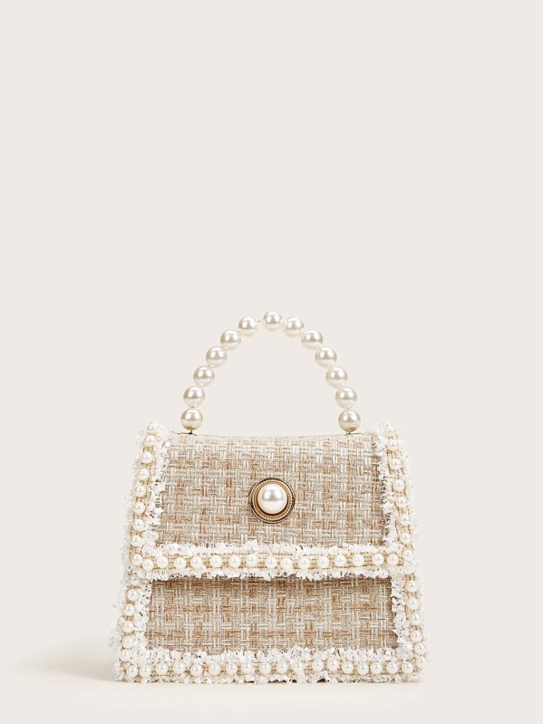 

Faux Pearl Decor Tweed Satchel Bag, Beige
