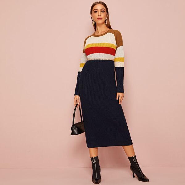 

Colorblock Raglan Sleeve Sweater Dress, Multicolor