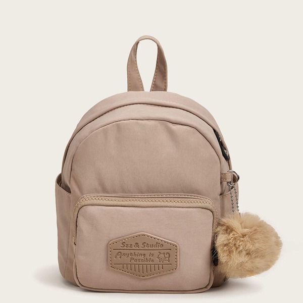 

Mini Pom Pom Decor Pocket Front Backpack, Khaki