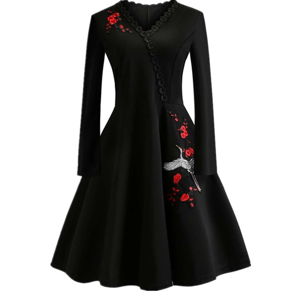 

Plus Floral & Animal Embroidery Patched Flare Dress, Black