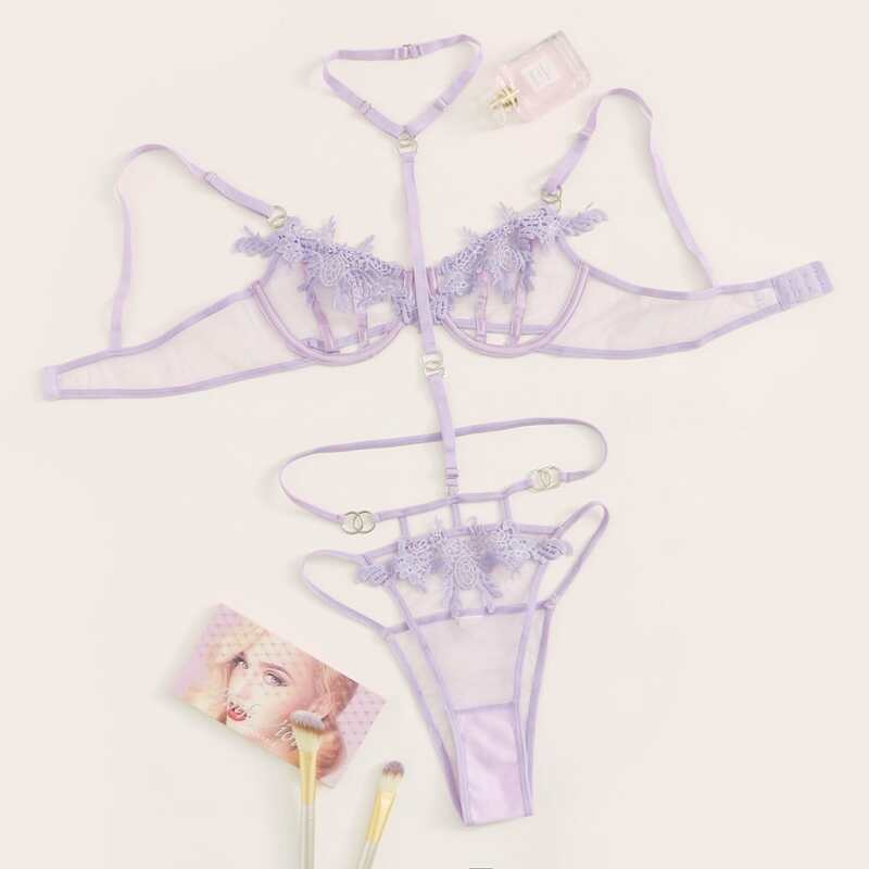 

Floral Appliques Underwire Lingerie Set With Choker, Pastel lilac purple